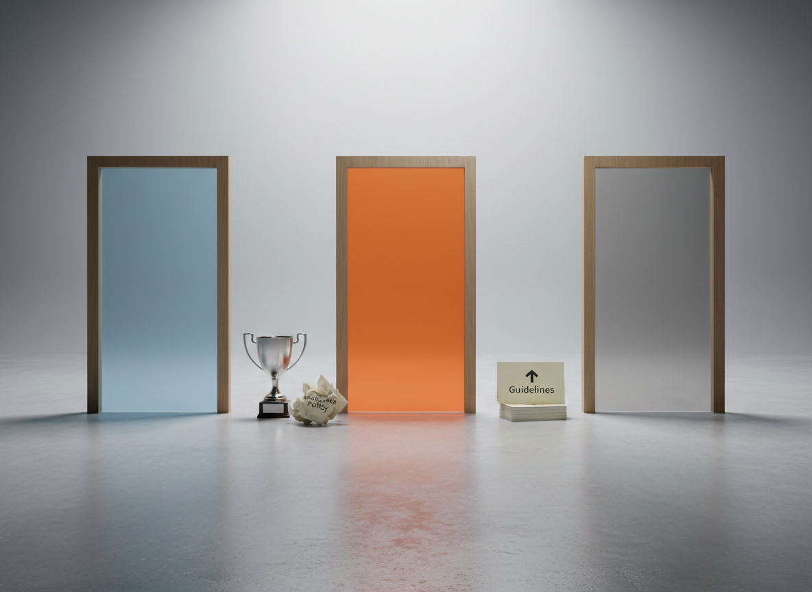 An abstract, professional workspace scene built from objects only: three distinct doorways represented by minimal, freestanding wooden frames on a smooth concrete floor, each doorway leading to a different backdrop color—calm blue, energetic orange, and neutral gray. Between the doors lie small symbolic items like a polished trophy, a crumpled policy document, and a neatly stacked set of guidelines, arranged carefully. Soft, diffused studio lighting from above and slightly behind creates long, gentle shadows and a subtle gradient across the floor. Photographic realism with a wide-angle, slightly low perspective that emphasizes the choice between paths. The mood is contemplative and strategic, capturing the moment where everyday decisions determine what “sticks” in workplace culture.