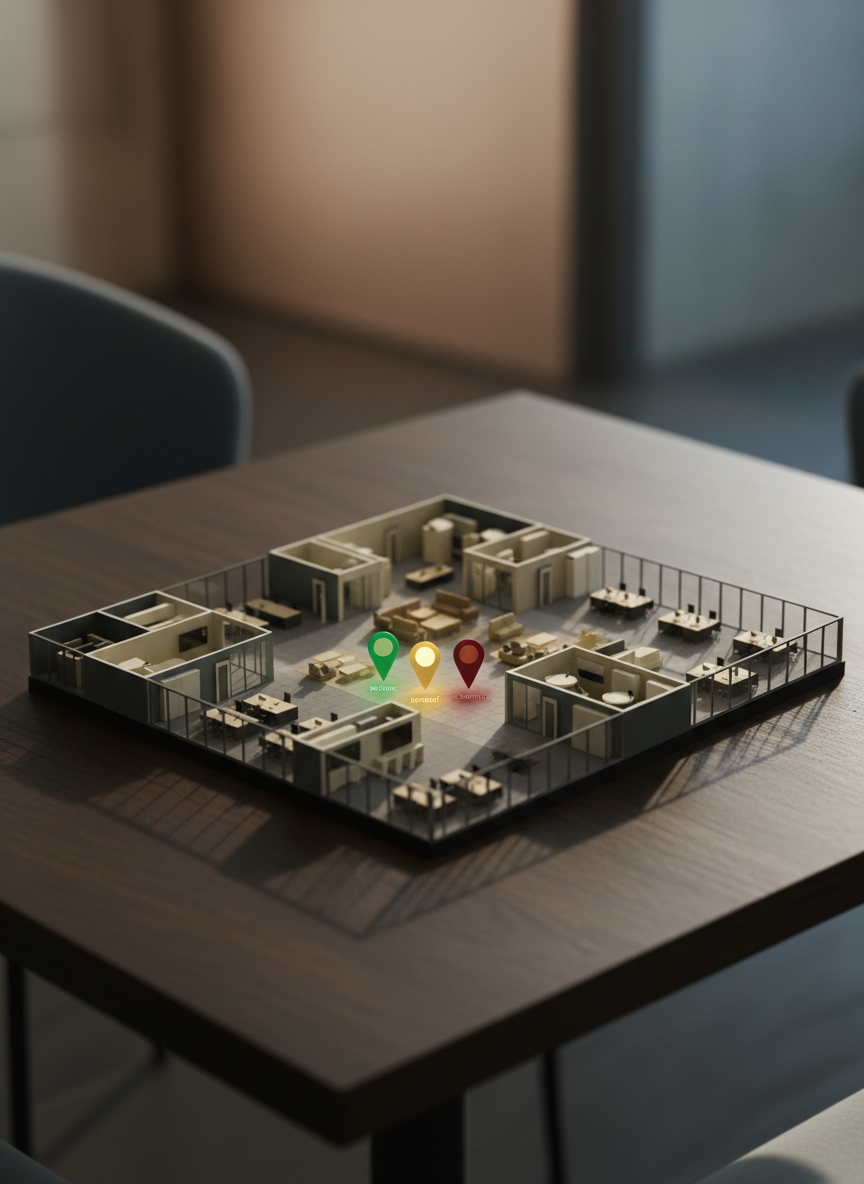 A cinematic tabletop diorama depicting a miniature modern office floor plan without any figures: tiny desks, chairs, meeting rooms, and common areas rendered in precise detail with matte materials and muted corporate colors. At the center, small glowing markers—green, yellow, and red—highlight moments labeled “action,” “reward,” and “tolerance,” printed in micro text beside them. The diorama rests on a dark wood table with a soft, out-of-focus background. Directional side lighting from the right creates dramatic, sculpted shadows across the small structures, emphasizing depth and scale. Photographic realism with a shallow depth of field and a slightly elevated three-quarter angle. The mood is analytical and storytelling-driven, like a visual case study of how culture is formed.