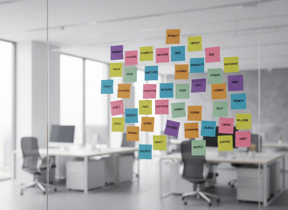A long, transparent glass wall filled with colorful sticky notes of varying sizes and hues, each with crisp, legible keywords about values, decisions, and behaviors, arranged in organic clusters. The wall stands in a modern, open office environment with neutral tones, clean lines, and uncluttered desks in soft focus behind it. Gentle daylight from tall windows creates soft reflections on the glass and subtle shadows behind each note. Photographic realism, shot at eye level with a shallow depth of field that keeps the central notes razor sharp while the rest fade into a pleasing bokeh. The mood is thoughtful and professional, hinting at how everyday decisions silently build workplace culture.