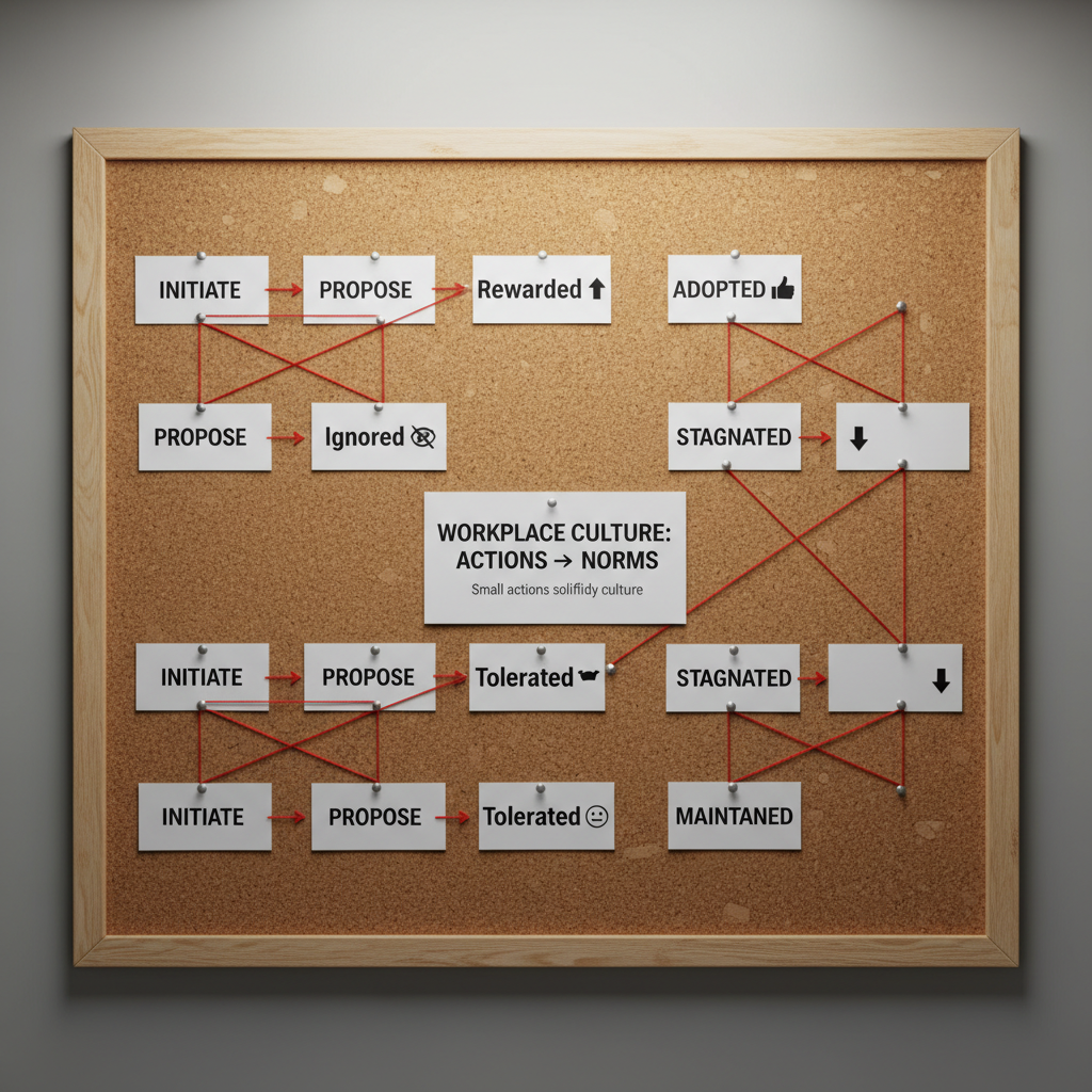 A close-up of a large, high-quality corkboard framed in light wood, displaying a narrative sequence of printed cards pinned in a clear left-to-right timeline. Each card shows a small, bold headline like “Rewarded,” “Ignored,” or “Tolerated,” with simple iconography and connecting red string tracing the story’s path. The cork’s rough texture contrasts with the smooth, matte card stock. Warm, focused overhead lighting highlights the central section while the edges fall slightly into shadow. Captured in photographic realism from a straight-on, eye-level perspective with sharp focus throughout. The mood is investigative and reflective, visually illustrating how a series of small actions solidify workplace culture.