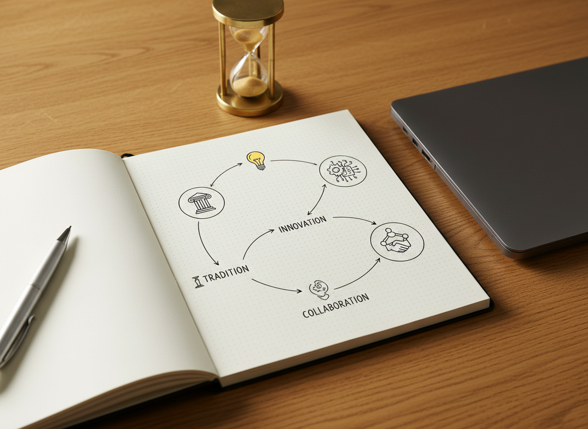 A meticulously arranged desktop featuring an open hardcover notebook with a clean, dotted grid page, where three distinct pathways are sketched in precise black ink leading to different outcomes labeled with small icons. Surrounding the notebook are a sleek metal pen, a closed laptop with a matte finish, and a small sand hourglass mid-flow, all on a warm oak surface. Soft studio lighting from the left casts gentle, directional shadows, emphasizing textures and edges without harsh contrast. Photographic realism with a slightly elevated angle and rule-of-thirds composition, creating a clear focal point on the branching choices. The mood is analytical yet calm, suggesting deliberate decision-making that shapes culture over time.